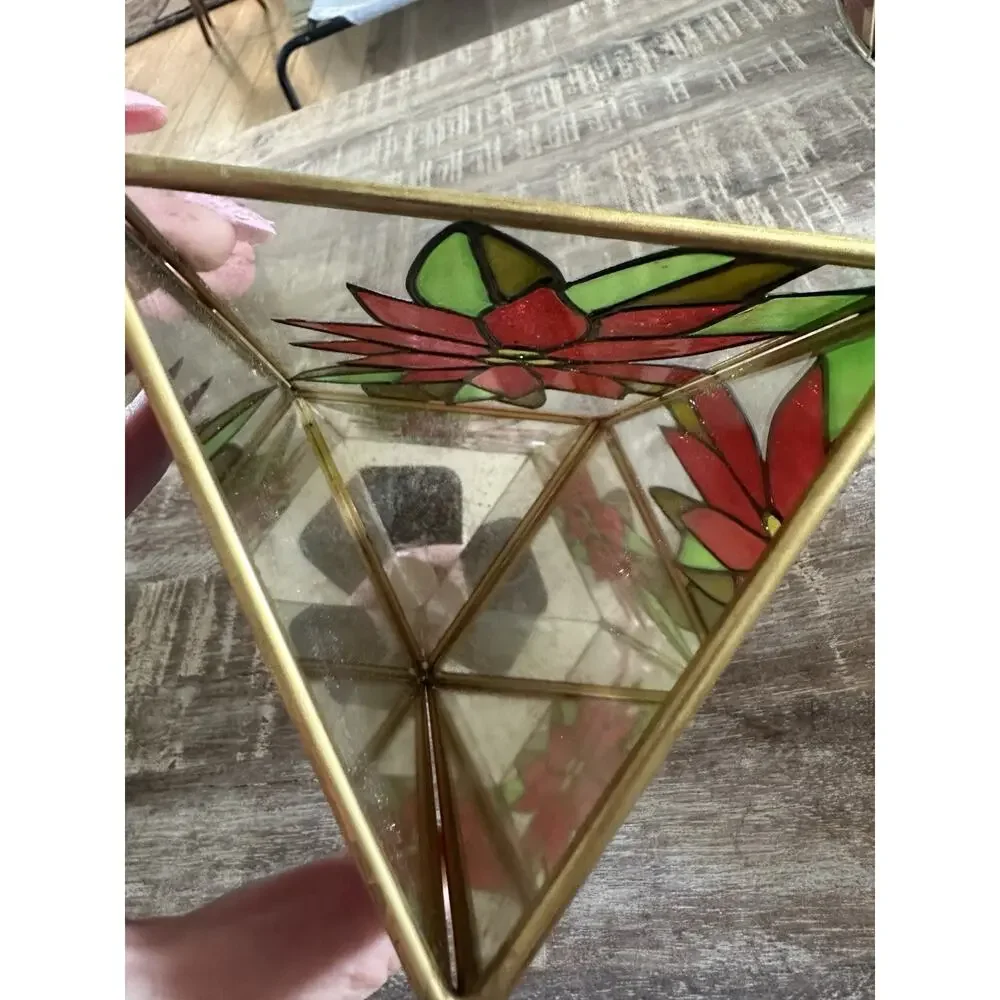 Vintage Stained Glass Poinsettia Mirrored Candle Holder Christmas Holiday